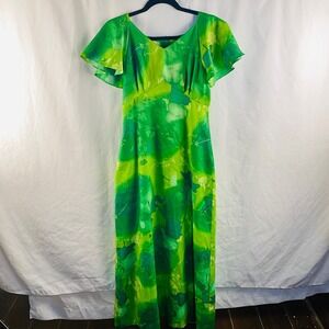 Pomare Vintage Hawaiian Green Maxi Dress Small‎ Tropical Vacation Fairy